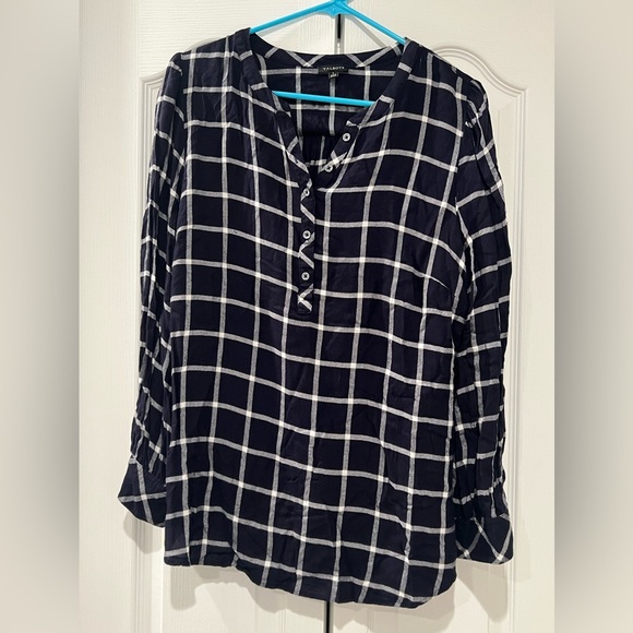 TALBOTS WOMEN Windowpane Check SHIRT SIZE L - Dark Navy Blue - Picture 1 of 4